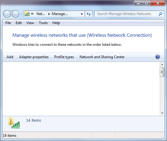 Screenshot of Windows 7 Control Panel Manage Wireless Networks list is empty